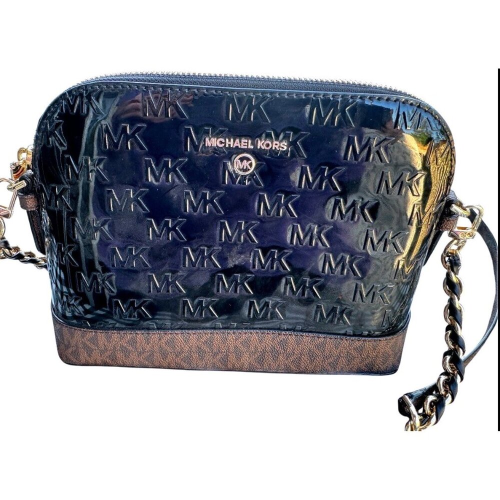 Michael Kors Dome Crossbody Bag Bl Patent Leather Brown Monogram Gold Hardware